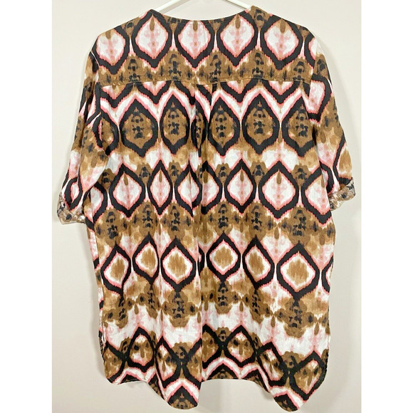 Ellen Tracy Ikat Print Linen Tunic Blouse Rollback Sleeves Pocket Women's XLARGE - Picture 8 of 10